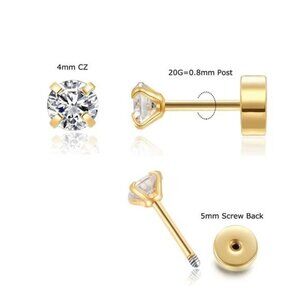 4mm CZ Flat Screw Back Stud Earrings/ Gold Small Cubic Zirconia Earrings